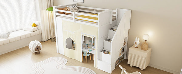 English Elm Twin Pine Loft Bed with Integrated Desk Lockers Storage Staircase and Blackout Curtain N7090002255K