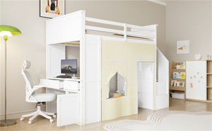 English Elm Twin Pine Loft Bed with Integrated Desk Lockers Storage Staircase and Blackout Curtain N7090002255K