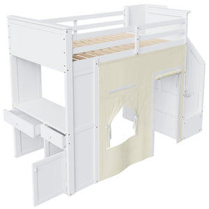 English Elm Twin Pine Loft Bed with Integrated Desk Lockers Storage Staircase and Blackout Curtain N7090002255K