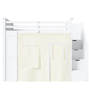 English Elm Twin Pine Loft Bed with Integrated Desk Lockers Storage Staircase and Blackout Curtain N7090002255K