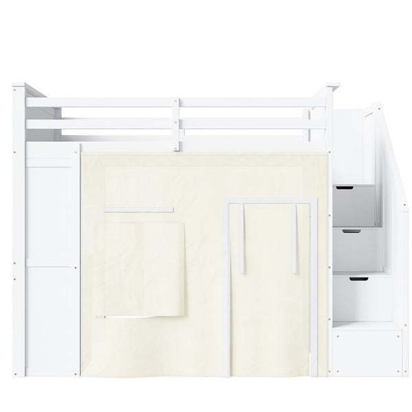English Elm Twin Pine Loft Bed with Integrated Desk Lockers Storage Staircase and Blackout Curtain N7090002255K