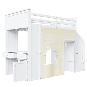 English Elm Twin Pine Loft Bed with Integrated Desk Lockers Storage Staircase and Blackout Curtain N7090002255K
