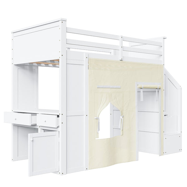 English Elm Twin Pine Loft Bed with Integrated Desk Lockers Storage Staircase and Blackout Curtain N7090002255K