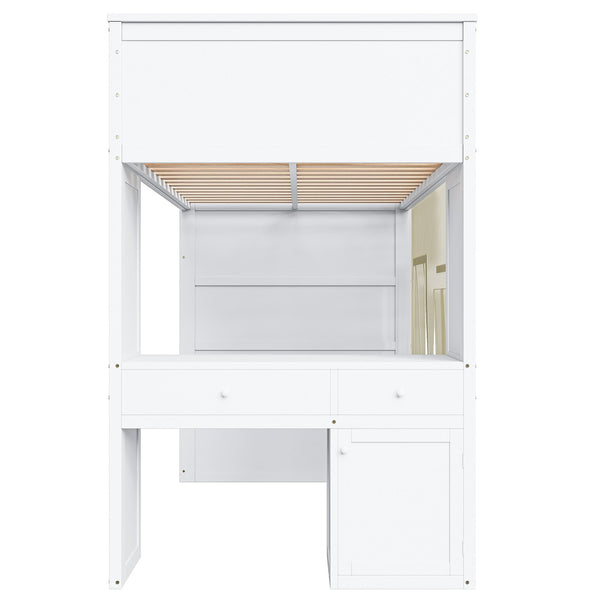 English Elm Twin Pine Loft Bed with Integrated Desk Lockers Storage Staircase and Blackout Curtain N7090002255K