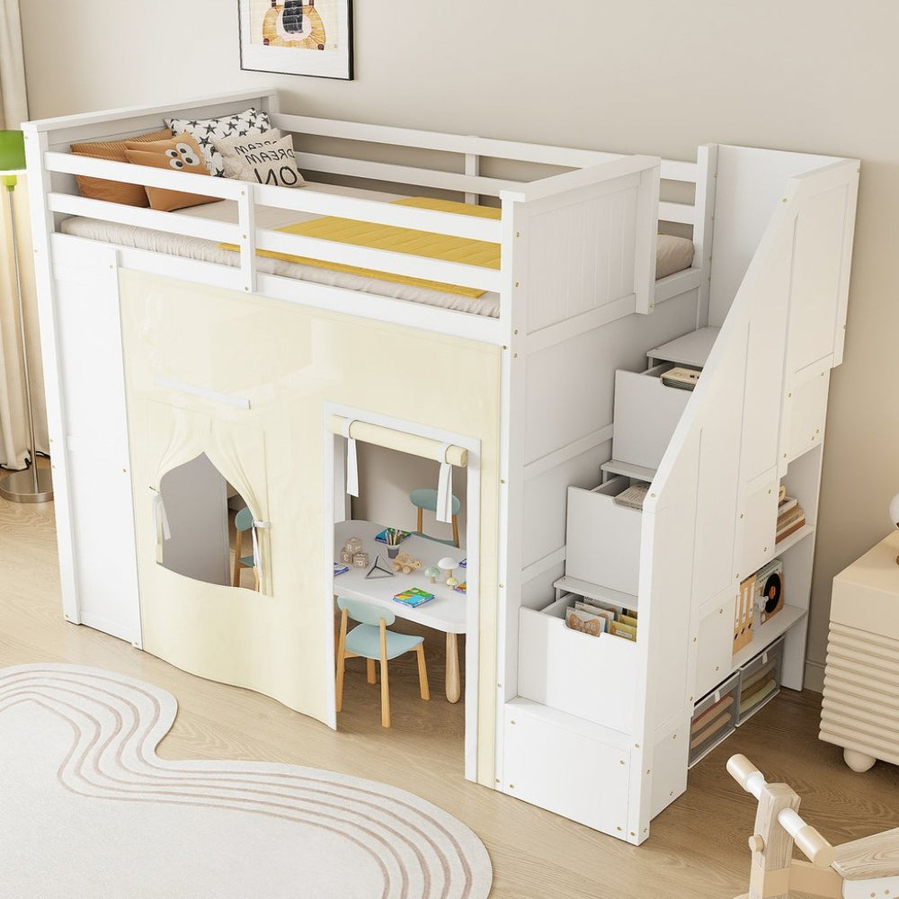 English Elm Twin Pine Loft Bed with Integrated Desk Lockers Storage Staircase and Blackout Curtain N7090002255K