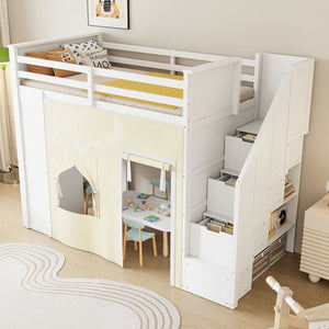 English Elm Twin Pine Loft Bed with Integrated Desk Lockers Storage Staircase and Blackout Curtain N7090002255K