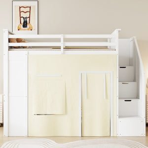 English Elm Twin Pine Loft Bed with Integrated Desk Lockers Storage Staircase and Blackout Curtain N7090002255K