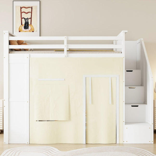 English Elm Twin Pine Loft Bed with Integrated Desk Lockers Storage Staircase and Blackout Curtain N7090002255K