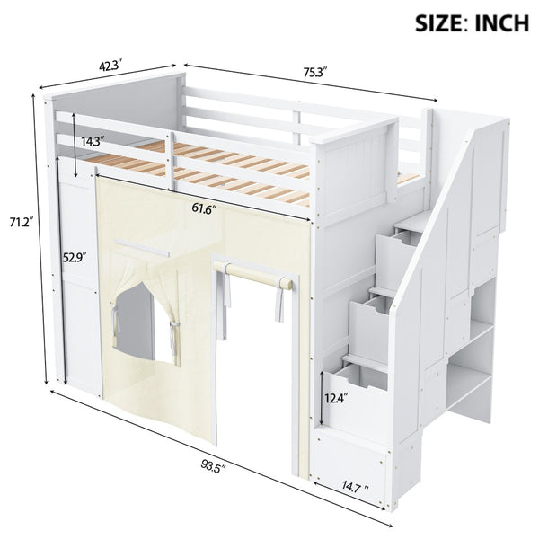 English Elm Twin Pine Loft Bed with Integrated Desk Lockers Storage Staircase and Blackout Curtain N7090002255K