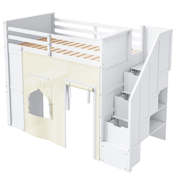English Elm Twin Pine Loft Bed with Integrated Desk Lockers Storage Staircase and Blackout Curtain N7090002255K