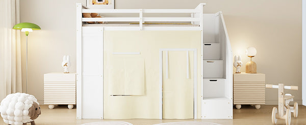 English Elm Twin Pine Loft Bed with Integrated Desk Lockers Storage Staircase and Blackout Curtain N7090002255K