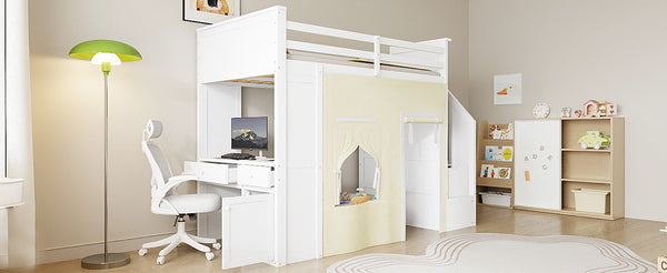 English Elm Twin Pine Loft Bed with Integrated Desk Lockers Storage Staircase and Blackout Curtain N7090002255K