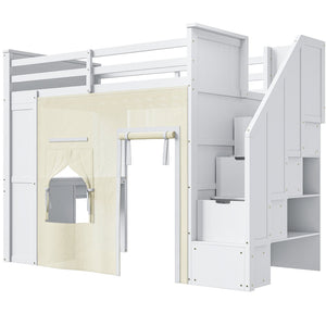English Elm Twin Pine Loft Bed with Integrated Desk Lockers Storage Staircase and Blackout Curtain N7090002255K