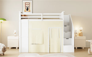 English Elm Twin Pine Loft Bed with Integrated Desk Lockers Storage Staircase and Blackout Curtain N7090002255K