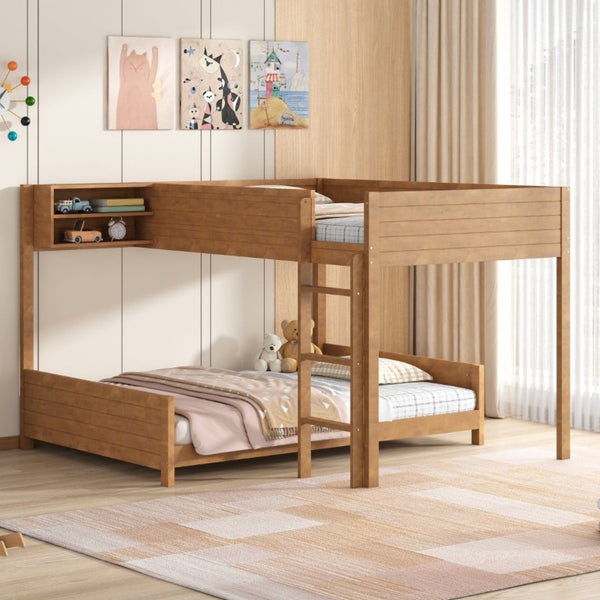 English Elm Full XL Over XL Solid Wood Bunk Bed with Storage Shelf and Safe Guardrails Walnut N7090002259D
