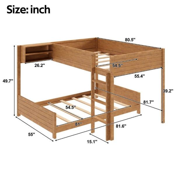 English Elm Full XL Over XL Solid Wood Bunk Bed with Storage Shelf and Safe Guardrails Walnut N7090002259D