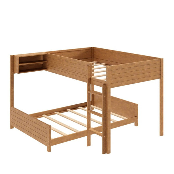 English Elm Full XL Over XL Solid Wood Bunk Bed with Storage Shelf and Safe Guardrails Walnut N7090002259D