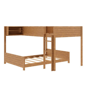 English Elm Full XL Over XL Solid Wood Bunk Bed with Storage Shelf and Safe Guardrails Walnut N7090002259D