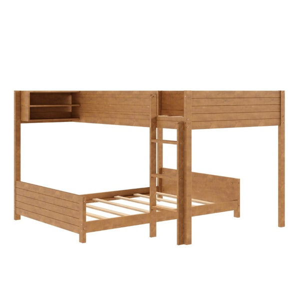 English Elm Full XL Over XL Solid Wood Bunk Bed with Storage Shelf and Safe Guardrails Walnut N7090002259D