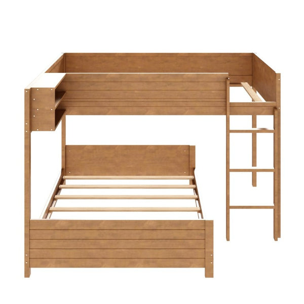English Elm Full XL Over XL Solid Wood Bunk Bed with Storage Shelf and Safe Guardrails Walnut N7090002259D