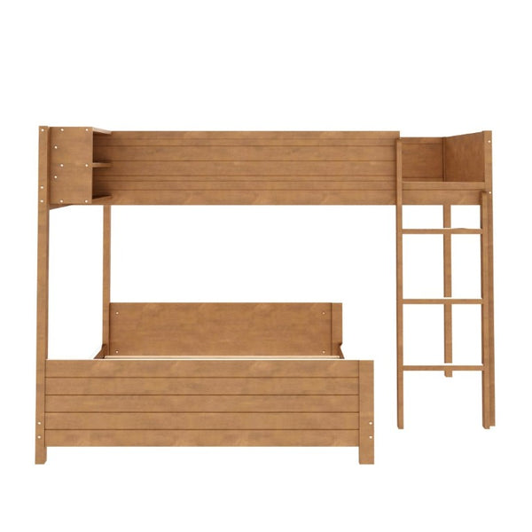 English Elm Full XL Over XL Solid Wood Bunk Bed with Storage Shelf and Safe Guardrails Walnut N7090002259D
