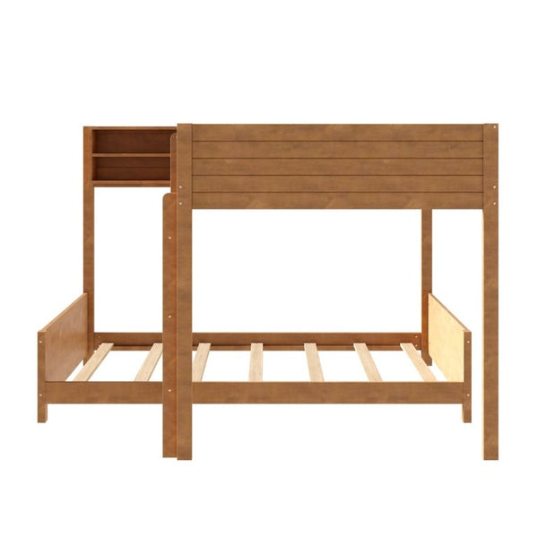 English Elm Full XL Over XL Solid Wood Bunk Bed with Storage Shelf and Safe Guardrails Walnut N7090002259D