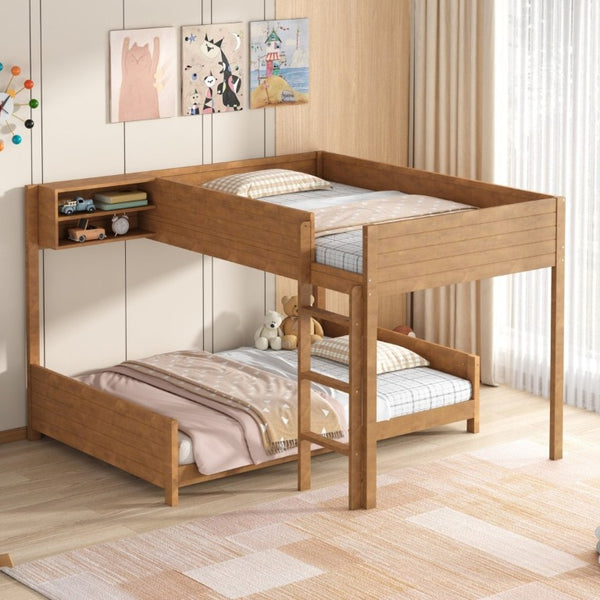 English Elm Full XL Over XL Solid Wood Bunk Bed with Storage Shelf and Safe Guardrails Walnut N7090002259D