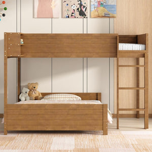 English Elm Full XL Over XL Solid Wood Bunk Bed with Storage Shelf and Safe Guardrails Walnut N7090002259D