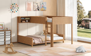 English Elm Full XL Over XL Solid Wood Bunk Bed with Storage Shelf and Safe Guardrails Walnut N7090002259D