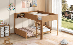 English Elm Full XL Over XL Solid Wood Bunk Bed with Storage Shelf and Safe Guardrails Walnut N7090002259D