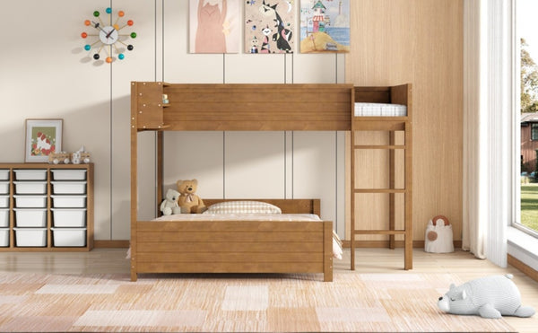 English Elm Full XL Over XL Solid Wood Bunk Bed with Storage Shelf and Safe Guardrails Walnut N7090002259D