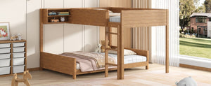 English Elm Full XL Over XL Solid Wood Bunk Bed with Storage Shelf and Safe Guardrails Walnut N7090002259D