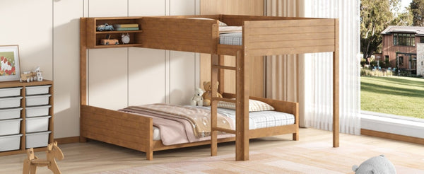 English Elm Full XL Over XL Solid Wood Bunk Bed with Storage Shelf and Safe Guardrails Walnut N7090002259D