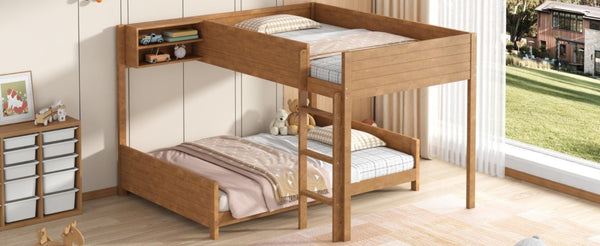 English Elm Full XL Over XL Solid Wood Bunk Bed with Storage Shelf and Safe Guardrails Walnut N7090002259D