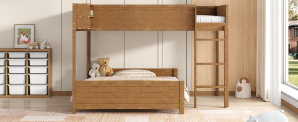 English Elm Full XL Over XL Solid Wood Bunk Bed with Storage Shelf and Safe Guardrails Walnut N7090002259D