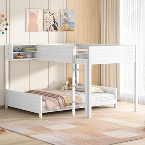English Elm Full XL Over XL Solid Wood Bunk Bed with Storage Shelf and Safe Guardrails White N7090002259K
