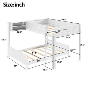 English Elm Full XL Over XL Solid Wood Bunk Bed with Storage Shelf and Safe Guardrails White N7090002259K