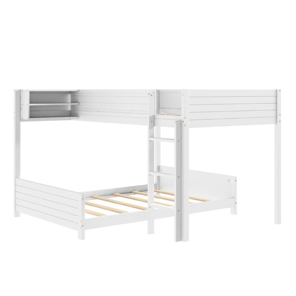 English Elm Full XL Over XL Solid Wood Bunk Bed with Storage Shelf and Safe Guardrails White N7090002259K