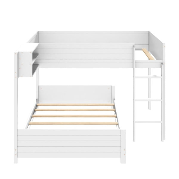 English Elm Full XL Over XL Solid Wood Bunk Bed with Storage Shelf and Safe Guardrails White N7090002259K