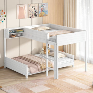 English Elm Full XL Over XL Solid Wood Bunk Bed with Storage Shelf and Safe Guardrails White N7090002259K