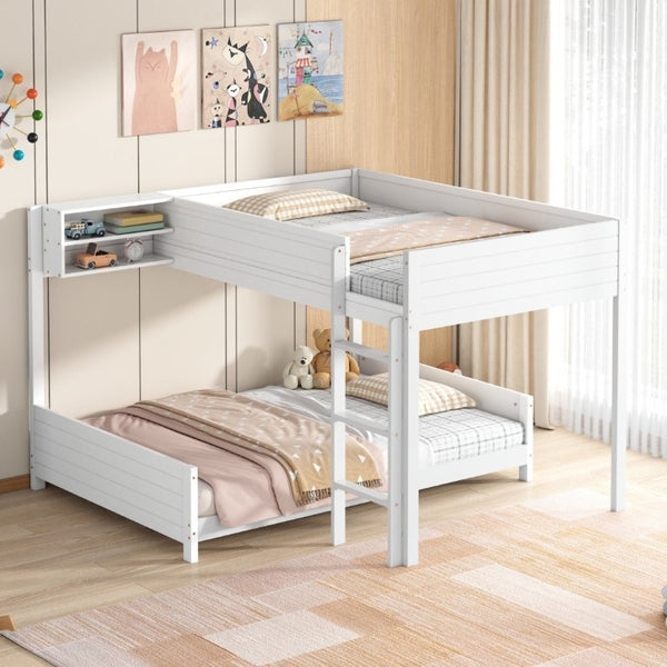 English Elm Full XL Over XL Solid Wood Bunk Bed with Storage Shelf and Safe Guardrails White N7090002259K