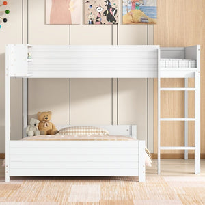 English Elm Full XL Over XL Solid Wood Bunk Bed with Storage Shelf and Safe Guardrails White N7090002259K