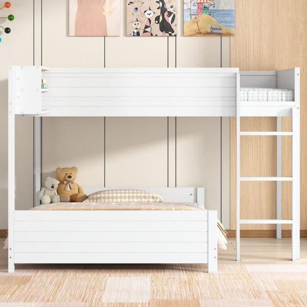 English Elm Full XL Over XL Solid Wood Bunk Bed with Storage Shelf and Safe Guardrails White N7090002259K