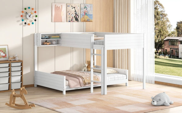 English Elm Full XL Over XL Solid Wood Bunk Bed with Storage Shelf and Safe Guardrails White N7090002259K