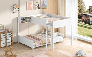 English Elm Full XL Over XL Solid Wood Bunk Bed with Storage Shelf and Safe Guardrails White N7090002259K