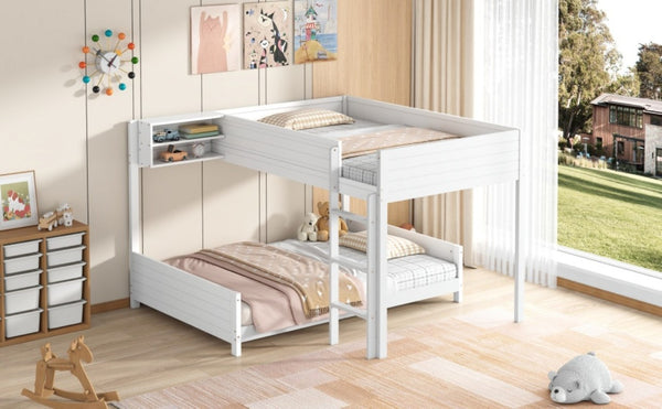 English Elm Full XL Over XL Solid Wood Bunk Bed with Storage Shelf and Safe Guardrails White N7090002259K