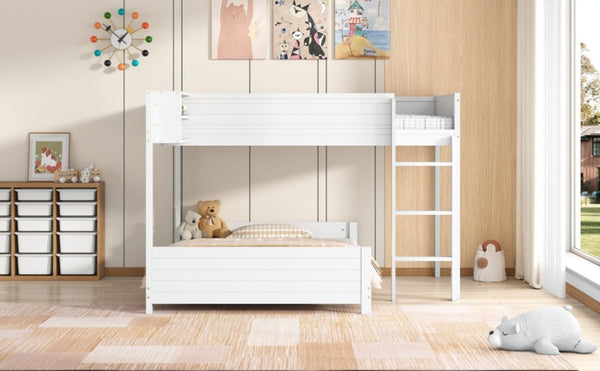 English Elm Full XL Over XL Solid Wood Bunk Bed with Storage Shelf and Safe Guardrails White N7090002259K