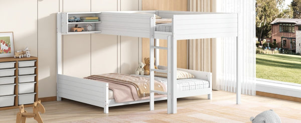 English Elm Full XL Over XL Solid Wood Bunk Bed with Storage Shelf and Safe Guardrails White N7090002259K