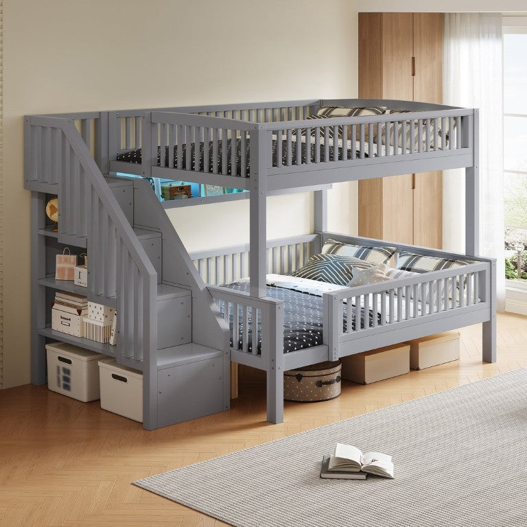 English Elm Full XL Over Queen Bunk Bed with LED Bookshelf Storage Staircase and Guardrail Gray N7090002261E