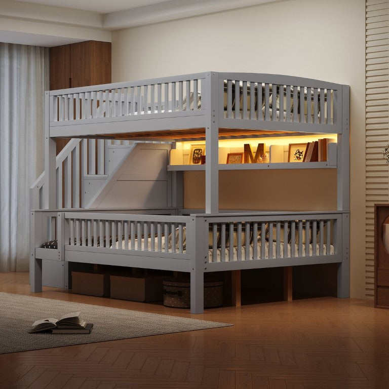 English Elm Full XL Over Queen Bunk Bed with LED Bookshelf Storage Staircase and Guardrail Gray N7090002261E